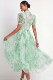 Green A Line Floral Puff Sleeves Long Wedding Guest Dress