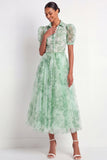 Green A Line Floral Puff Sleeves Long Wedding Guest Dress