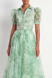 Green A Line Floral Puff Sleeves Long Wedding Guest Dress