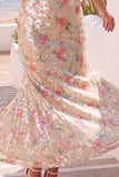 Floral Ivory Mermaid Sparkly Long Wedding Guest Dress