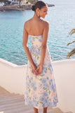 Light Blue Floral Strapless Long Wedding Guest Dress