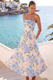 Light Blue Floral Strapless Long Wedding Guest Dress