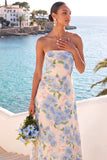 Light Blue Floral Strapless Long Wedding Guest Dress