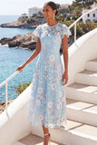 Light Blue Floral Illusion Neck A Line Long Wedding Guest Dress