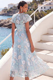 Light Blue Floral Illusion Neck A Line Long Wedding Guest Dress