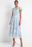 Light Blue Floral Illusion Neck A Line Long Wedding Guest Dress