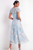 Light Blue Floral Illusion Neck A Line Long Wedding Guest Dress