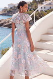 Leely Women Light Blue Floral Illusion Neck A Line Long Wedding Guest Dress A Line Short Sleeves Garden Party Dress