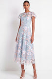 Leely Women Light Blue Floral Illusion Neck A Line Long Wedding Guest Dress A Line Short Sleeves Garden Party Dress