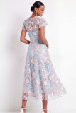 Leely Women Light Blue Floral Illusion Neck A Line Long Wedding Guest Dress A Line Short Sleeves Garden Party Dress