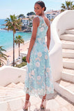 One Shoulder Floral Light Blue Long Wedding Guest Dress