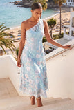 One Shoulder Floral Light Blue Long Wedding Guest Dress