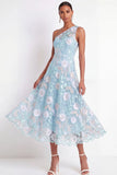 One Shoulder Floral Light Blue Long Wedding Guest Dress