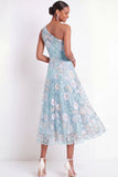 One Shoulder Floral Light Blue Long Wedding Guest Dress
