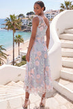 One Shoulder Floral Light Blue Long Wedding Guest Dress