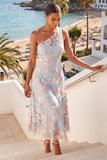 One Shoulder Floral Light Blue Long Wedding Guest Dress