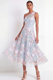 One Shoulder Floral Light Blue Long Wedding Guest Dress