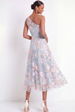 One Shoulder Floral Light Blue Long Wedding Guest Dress