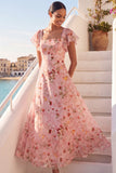 Pink A Line Floral Ruffled Long Wedding Guest Dress