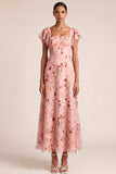 Pink A Line Floral Ruffled Long Wedding Guest Dress