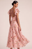 Pink A Line Floral Ruffled Long Wedding Guest Dress