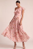 Pink Ruffled A Line Floral Long Wedding Guest Dress