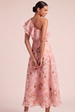 Pink Ruffled A Line Floral Long Wedding Guest Dress