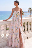 Light Pink A Line Floral Long Wedding Guest Dress with Slit