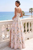 Light Pink A Line Floral Long Wedding Guest Dress with Slit
