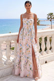 Light Pink A Line Floral Long Wedding Guest Dress with Slit