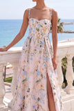 Light Pink A Line Floral Long Wedding Guest Dress with Slit