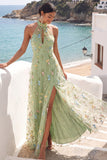 Light Green Floral A Line Halter Neck Long Wedding Guest Dress with Slit