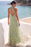 Light Green Floral A Line Halter Neck Long Wedding Guest Dress with Slit