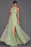 Light Green Floral A Line Halter Neck Long Wedding Guest Dress with Slit