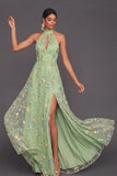 Light Green Floral A Line Halter Neck Long Wedding Guest Dress with Slit