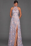 Dusty Blue A Line Floral Halter Neck Long Wedding Guest Dress with Slit