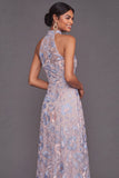 Dusty Blue A Line Floral Halter Neck Long Wedding Guest Dress with Slit