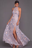 Dusty Blue A Line Floral Halter Neck Long Wedding Guest Dress with Slit