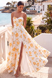 Yellow A Line Floral Sweetheart Long Wedding Guest Dress with Slit