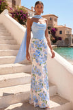 Light Blue Floral Sheath Maxi Neck Scarf Basque Waist Wedding Guest Dress