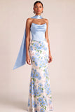 Light Blue Floral Sheath Maxi Neck Scarf Basque Waist Wedding Guest Dress