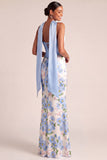 Light Blue Floral Sheath Maxi Neck Scarf Basque Waist Wedding Guest Dress