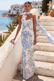 Light Blue Floral Mermaid Neck Scarf Basque Waist Maxi Wedding Guest Dress