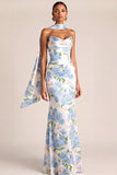 Light Blue Floral Mermaid Neck Scarf Basque Waist Maxi Wedding Guest Dress