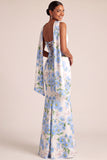 Light Blue Floral Mermaid Neck Scarf Basque Waist Maxi Wedding Guest Dress
