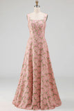 Pink and Green Floral A Line Square Neck Maxi Wedding Guest Dress