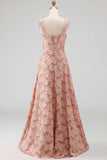 Pink and Green Floral A Line Square Neck Maxi Wedding Guest Dress