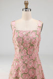 Pink and Green Floral A Line Square Neck Maxi Wedding Guest Dress