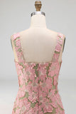 Pink and Green Floral A Line Square Neck Maxi Wedding Guest Dress