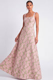 Pink and Green Floral A Line Square Neck Maxi Wedding Guest Dress